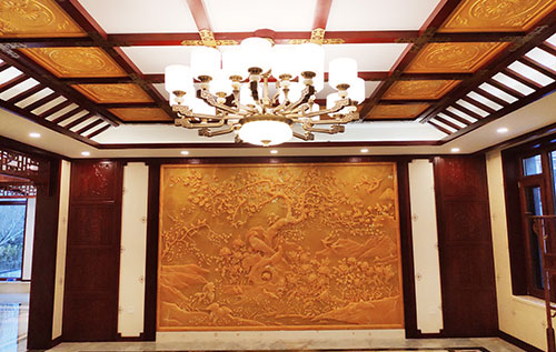 秀屿中式别墅客厅中式木作横梁吊顶装饰展示